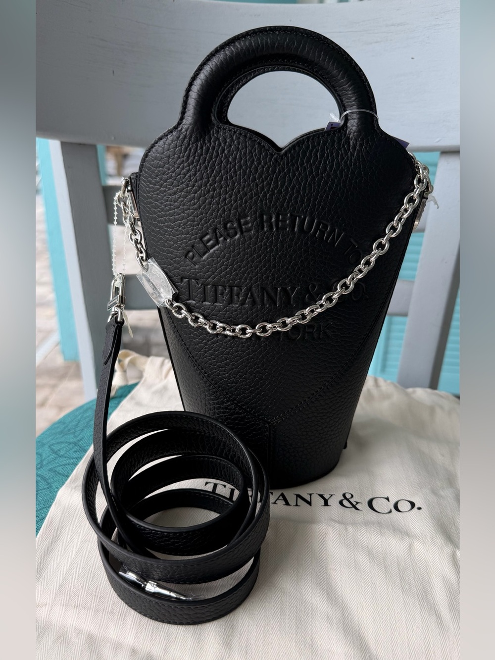 Tiffany & Co. Black Pebbled Leather Heart Tote Bag with Silver Chain